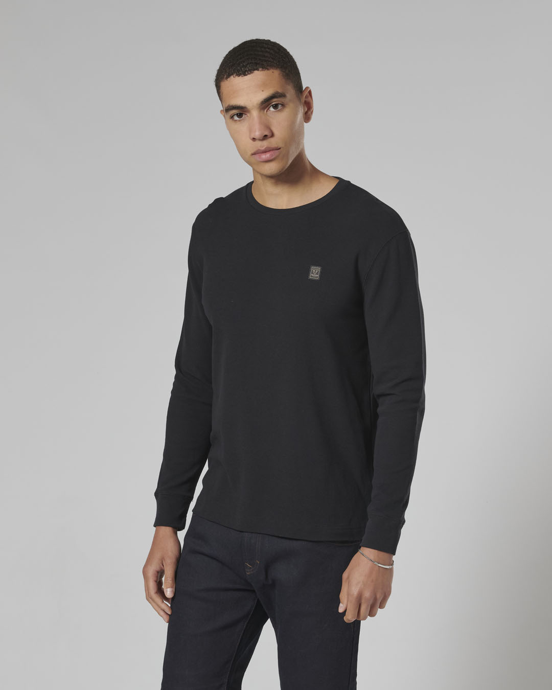 Dean Woven Badge Long Sleeve Waffle Tee in Black | Casual