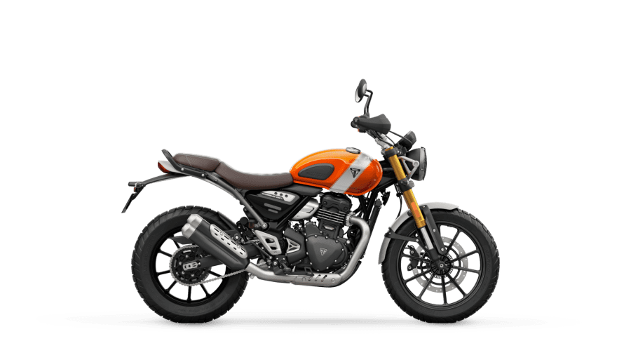 Triumph Scrambler 400 X in Baja Orange, right side studio view