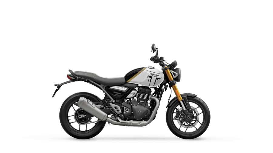 Triumph Speed 400 roadster in Pearl Metallic White, right side studio view