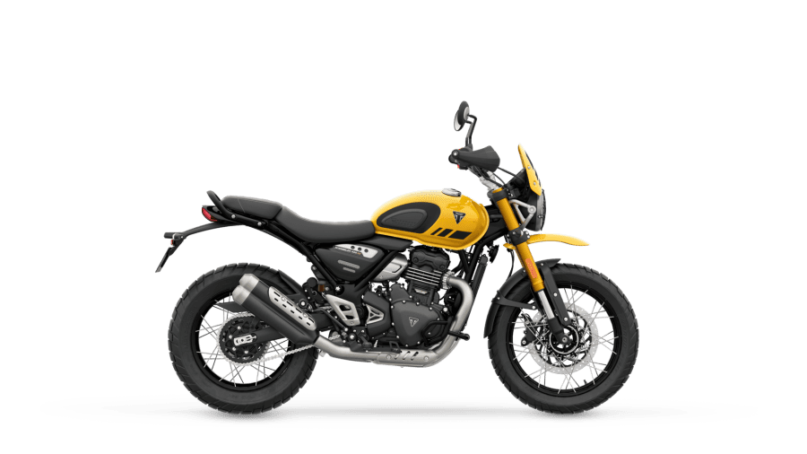 Triumph Scrambler 400 XC in Racing Yellow, right side studio view