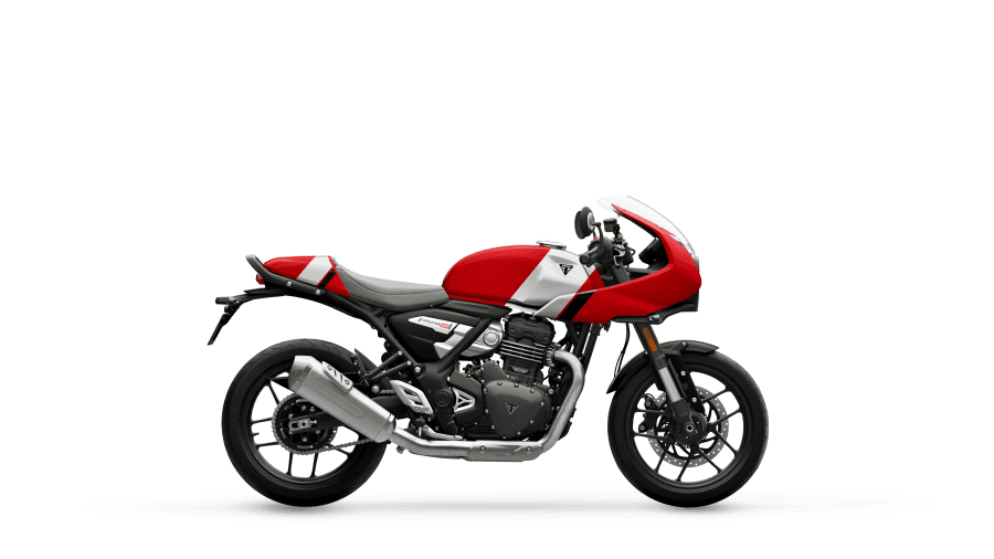 Triumph Thruxton 400 cafe racer in Lava Red, right side studio view