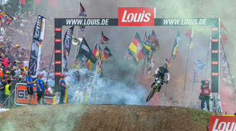 Monster Energy Triumph Factory Racing's Camden McLellan at the MXGP of Germany finish line