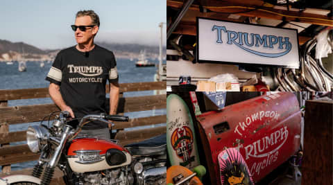 Banner of Bryan Thompson with a Triumph Bike, T-shirt and signs