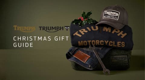 Triumph Christmas Gift Guide banner with Triumph Sweatshirt, cap and riding jeans