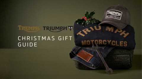 Triumph Christmas Gift Guide banner with Triumph Sweatshirt, cap and riding jeans