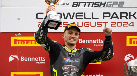 Luke Stapleford celebrates race victory in British Supersport at Cadwell Park