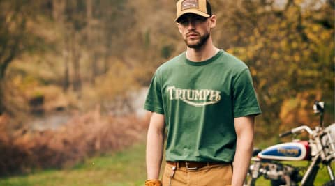 2026 Colours Banner- Model in front of bike wearing Green Triumph Tee