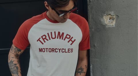 Triumph Motorcycles Saltern Contrast Sleeve Tee in White and Rust with large Triumph Motorcycles logo on chest
