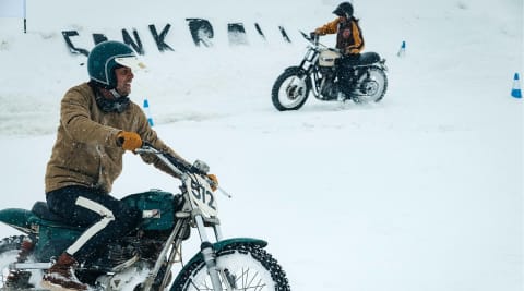 Swank on Ice Rally Image Banner- Jan racing his Triumph Rickman Metisse Motorcycle wearing the Marston Wax Jacket