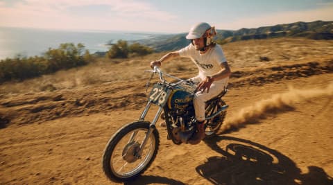 Man on retro triumph bike in the desert