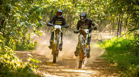 Triumph Cross Country motorcycles riding through a forest