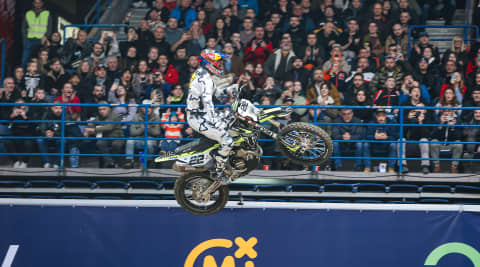 Jonny Walker riding TF 450-E in the air at SuperEnduro