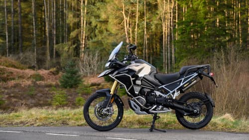 Triumph Tiger 1200 Rally Explorer stationary on a road in a forest