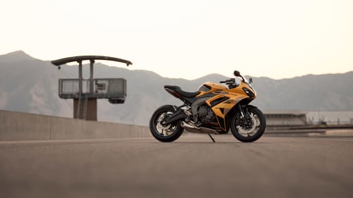 Stationary Triumph Daytona 660 in Cosmic yellow