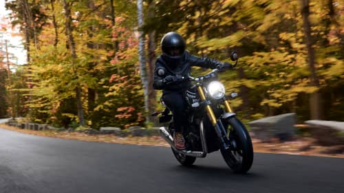 Rider on Speed 400 in Stone grey riding through a forest