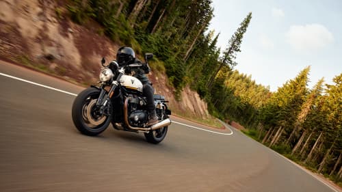 Rider on Triumph Speed Twin 1200 in crystal white and sapphire black riding on a road with trees in the background