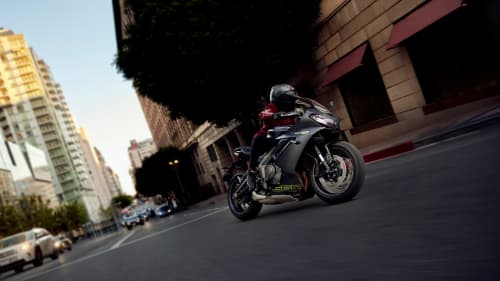Angled side view action shot of Triumph Daytona 660 MY25
