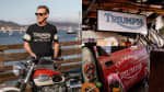 Banner of Bryan Thompson with a Triumph Bike, T-shirt and signs