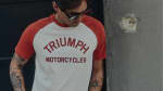 Triumph Motorcycles Saltern Contrast Sleeve Tee in White and Rust with large Triumph Motorcycles logo on chest