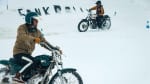 Swank on Ice Rally Image Banner- Jan racing his Triumph Rickman Metisse Motorcycle wearing the Marston Wax Jacket