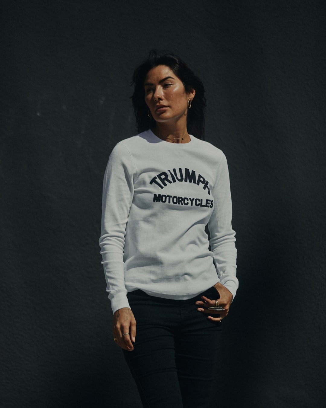 Model wearing Triumph Swain long sleeve tee