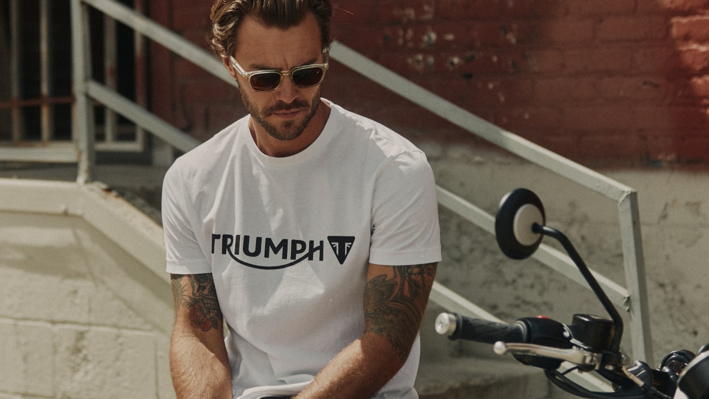 Male model wearing triumph cartmel tshirt