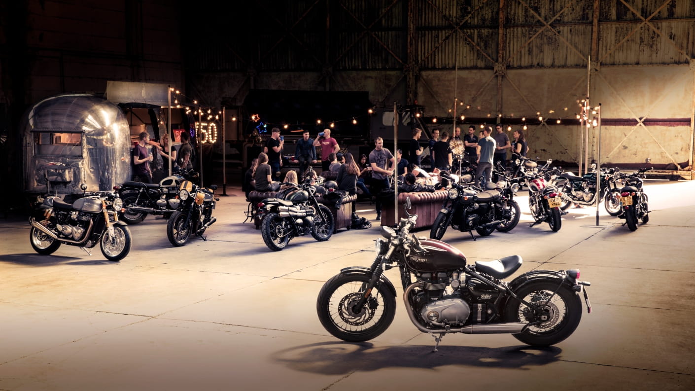 Triumph Modern Classic motorcycle group shot including the Bonneville Bobber and Thruxton