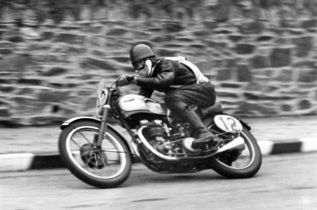 Ernie Lyons winning the 1946 Manx Grand Prix.