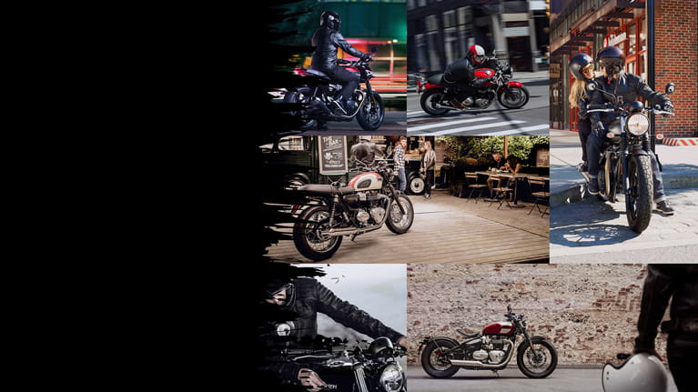 Several Triumph classics bikes featured on the right hand side of the image with black graffiti effect on the left hand side.