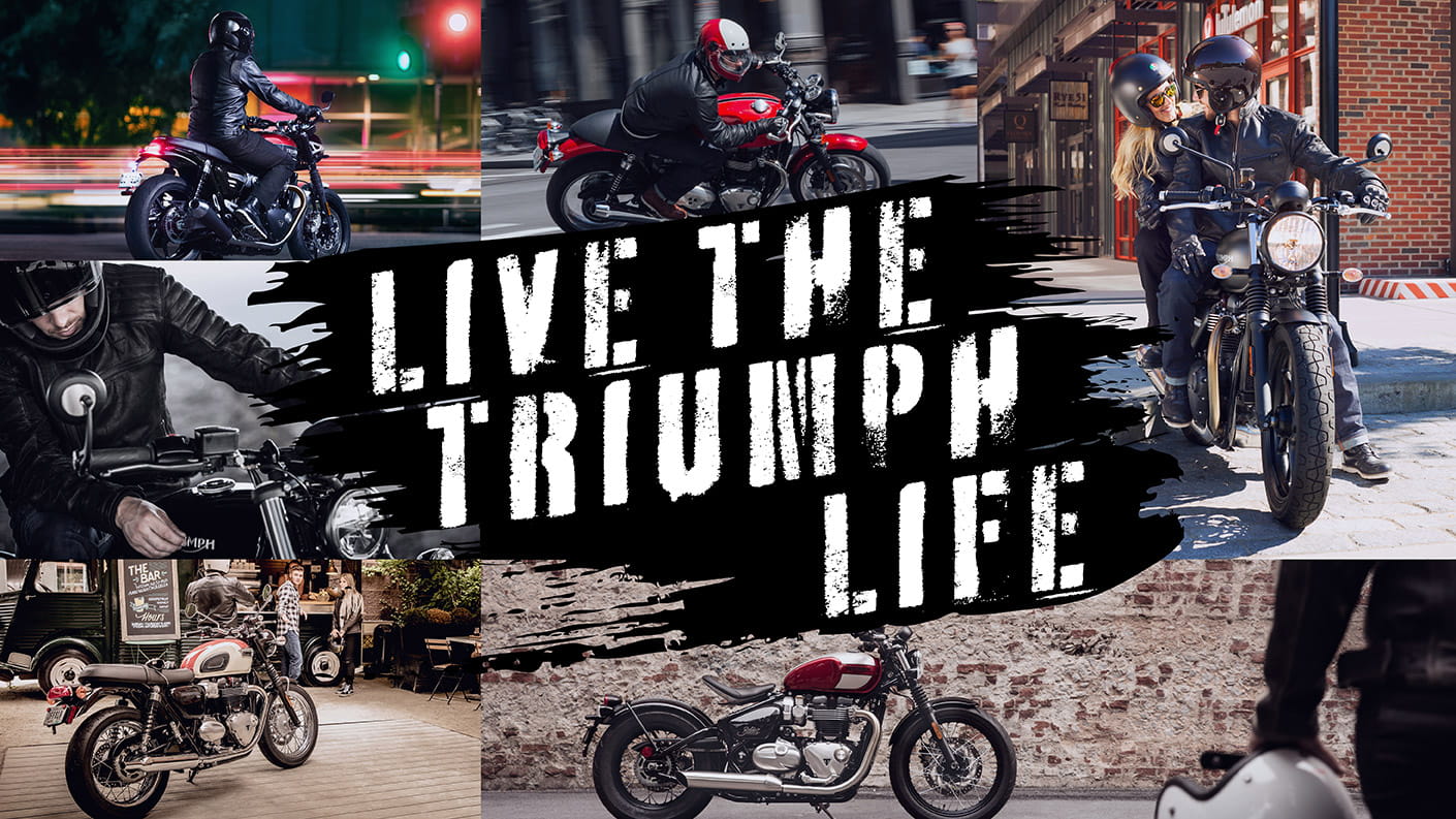 Live the Triumph life shot with graffiti lettering and bike shots in the background