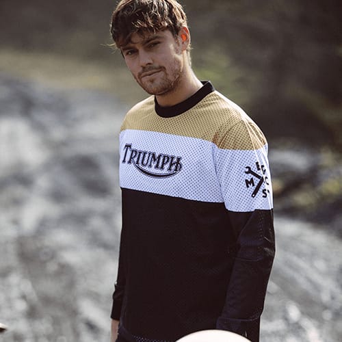 Triumph's collaboration with Bike Shed long sleeve airtex race jersey in black white and gold