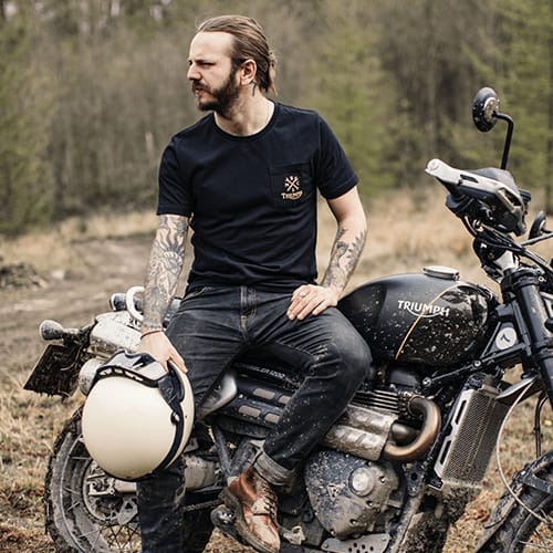 Triumph's collaboration with Bike Shed short sleeved carpe terram tee in black with gold detailing