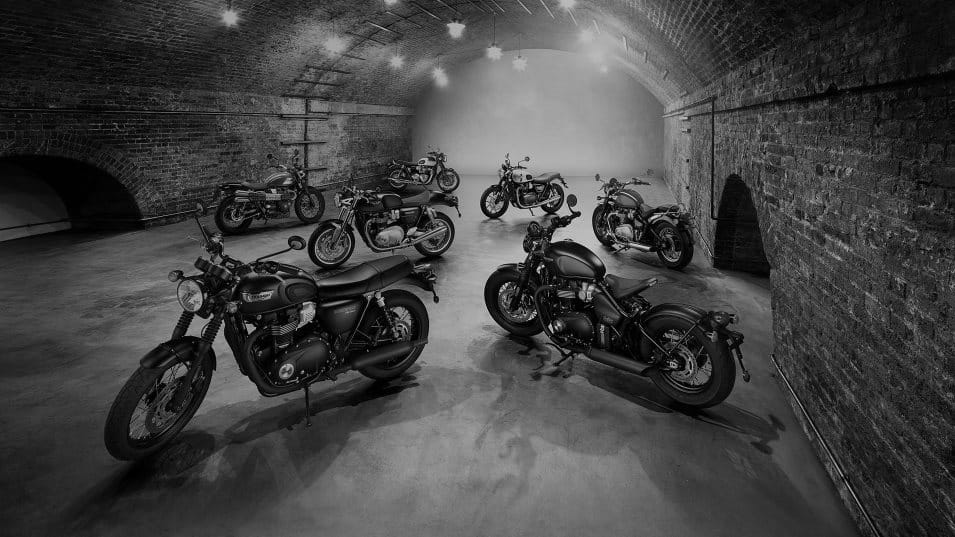 Black & white shot of Triumph Motorcycles Classic bikes in warehouse