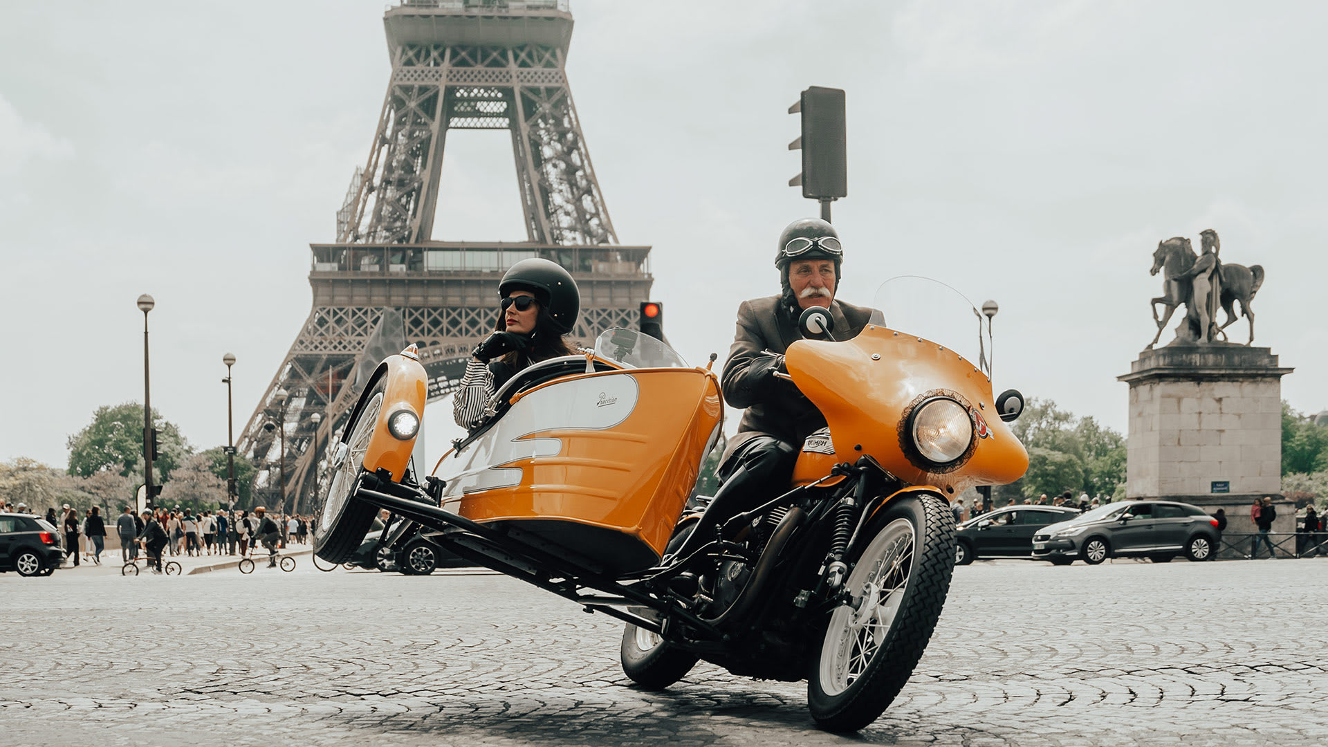 Triumph Bonneville in front of the Eiffel Tower on the 2023 DGR