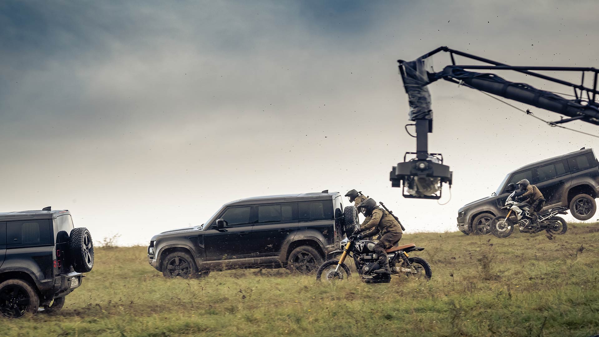 No time to die rehearsals set with the scrambler 1200 and Tiger 900 rally movie bikes and the new defender