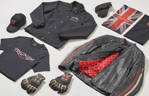 Triumph Motorcycle Clothing Flatlay of Union Jack themed products