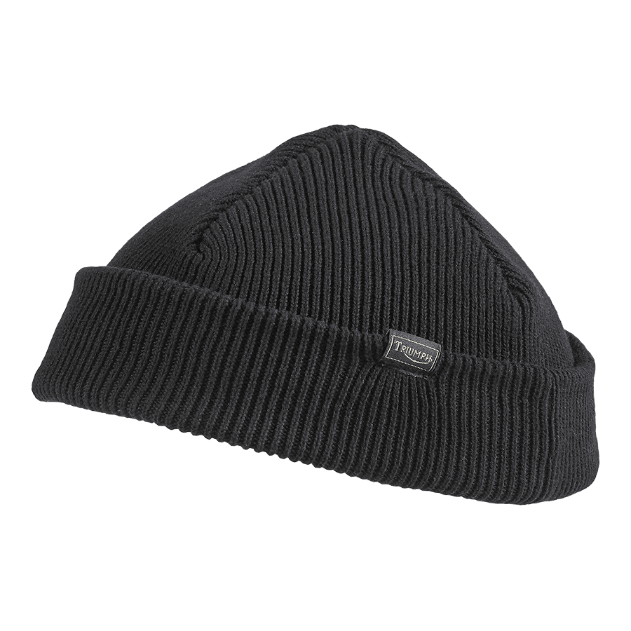 Triumph lifestyle, farrington beanie hat, black, flat shot 
