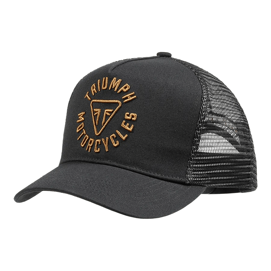 Triumph Taylor Trucker Cap, flat shot, black with dull gold, front. 