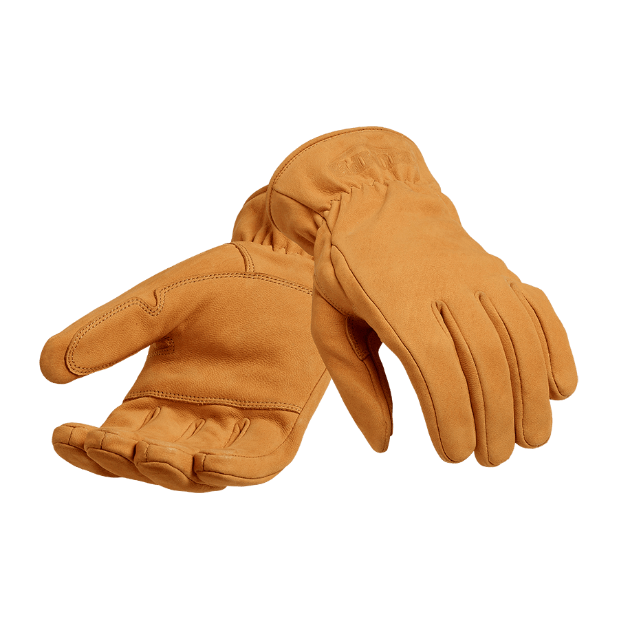 Triumph Autumn Nubuck Glove, tan, flat shot displaying palm of right glove and top of left glove.