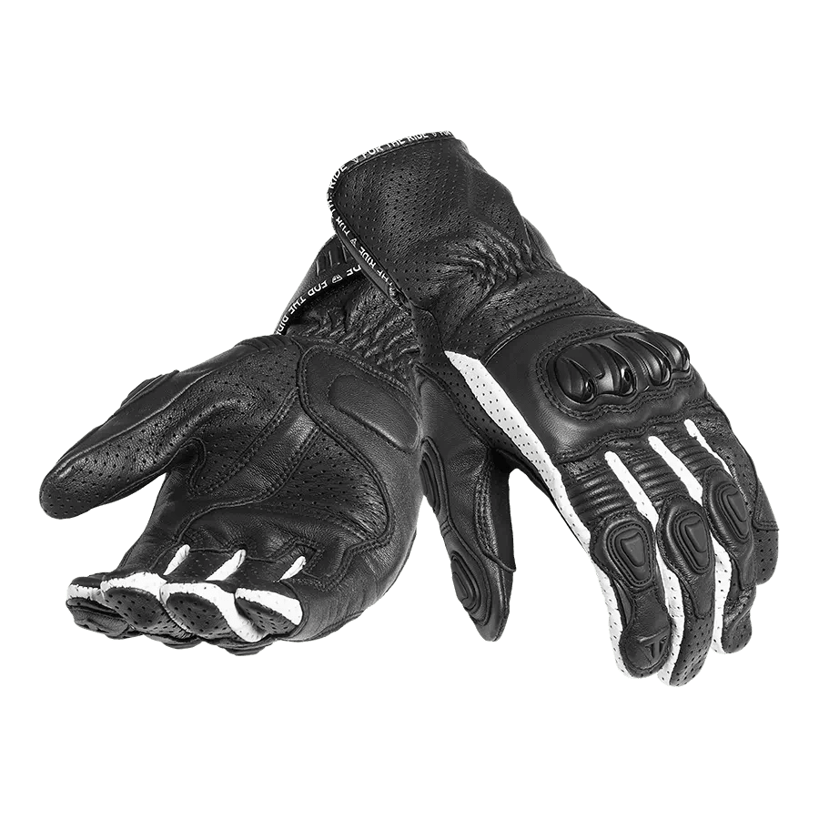 Triumph Triple Perforated Leather Gloves, black and white, flat shot, right glove palm up, left glove palm down. 