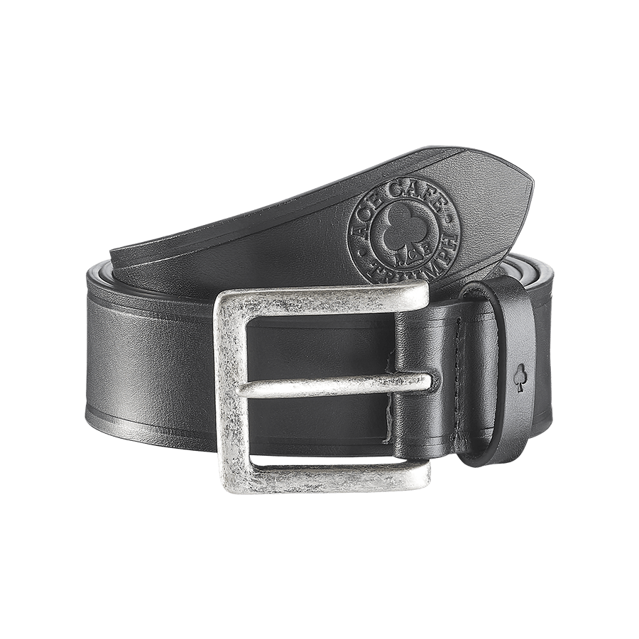 Close up of Triumph Leather Ace Cafe collab belt