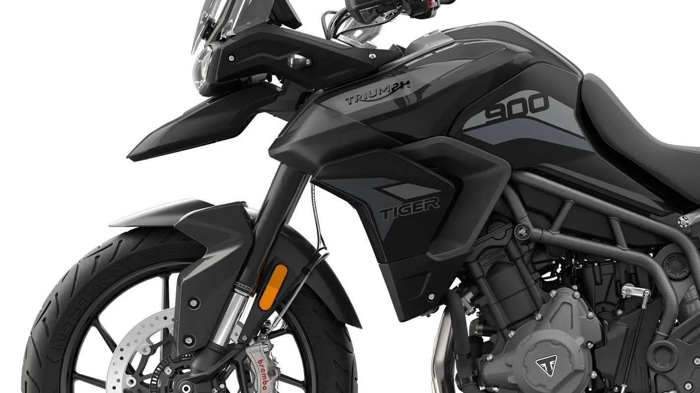 CGI close-up of Tiger 900 GT front suspension