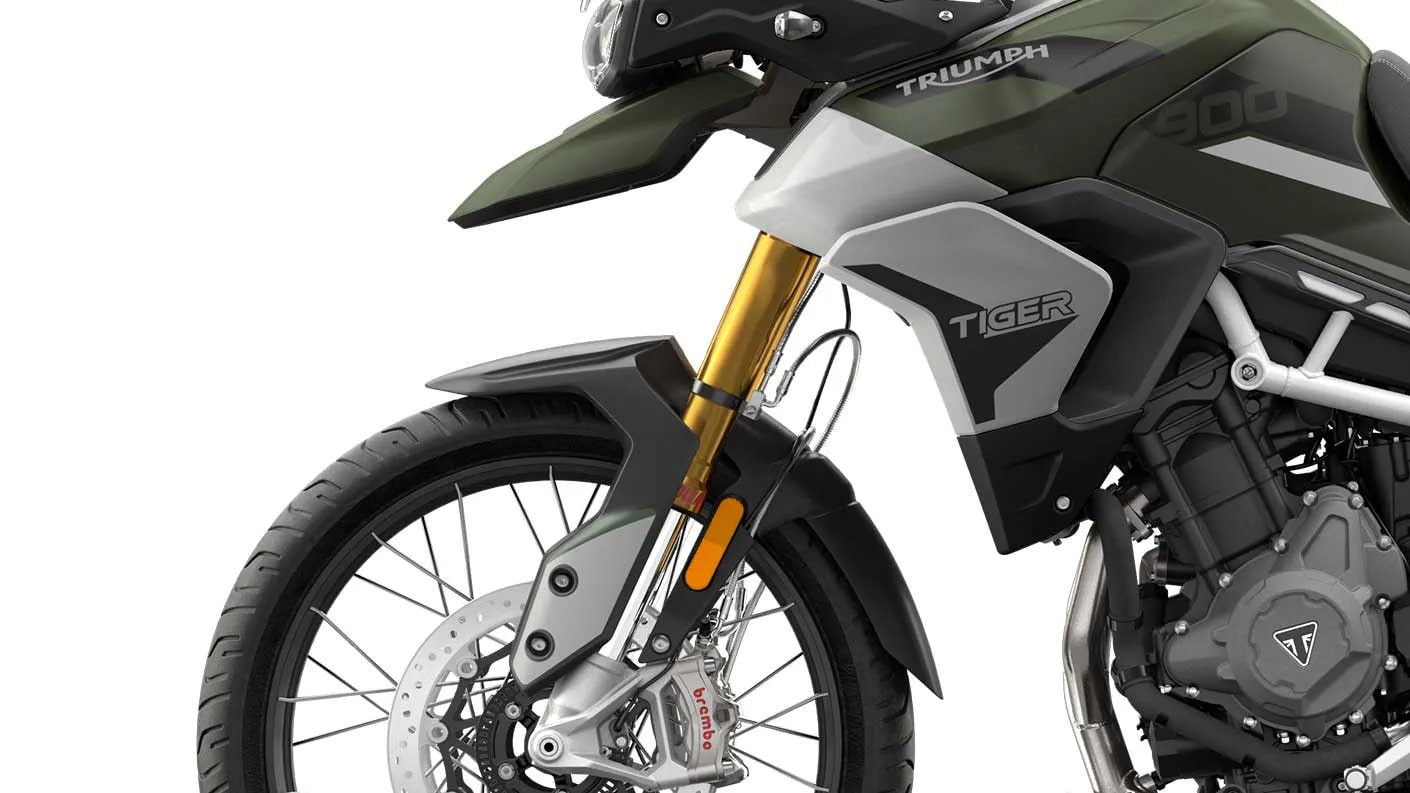 CGI close -up of  Triumph Tiger 900 Rally front suspension