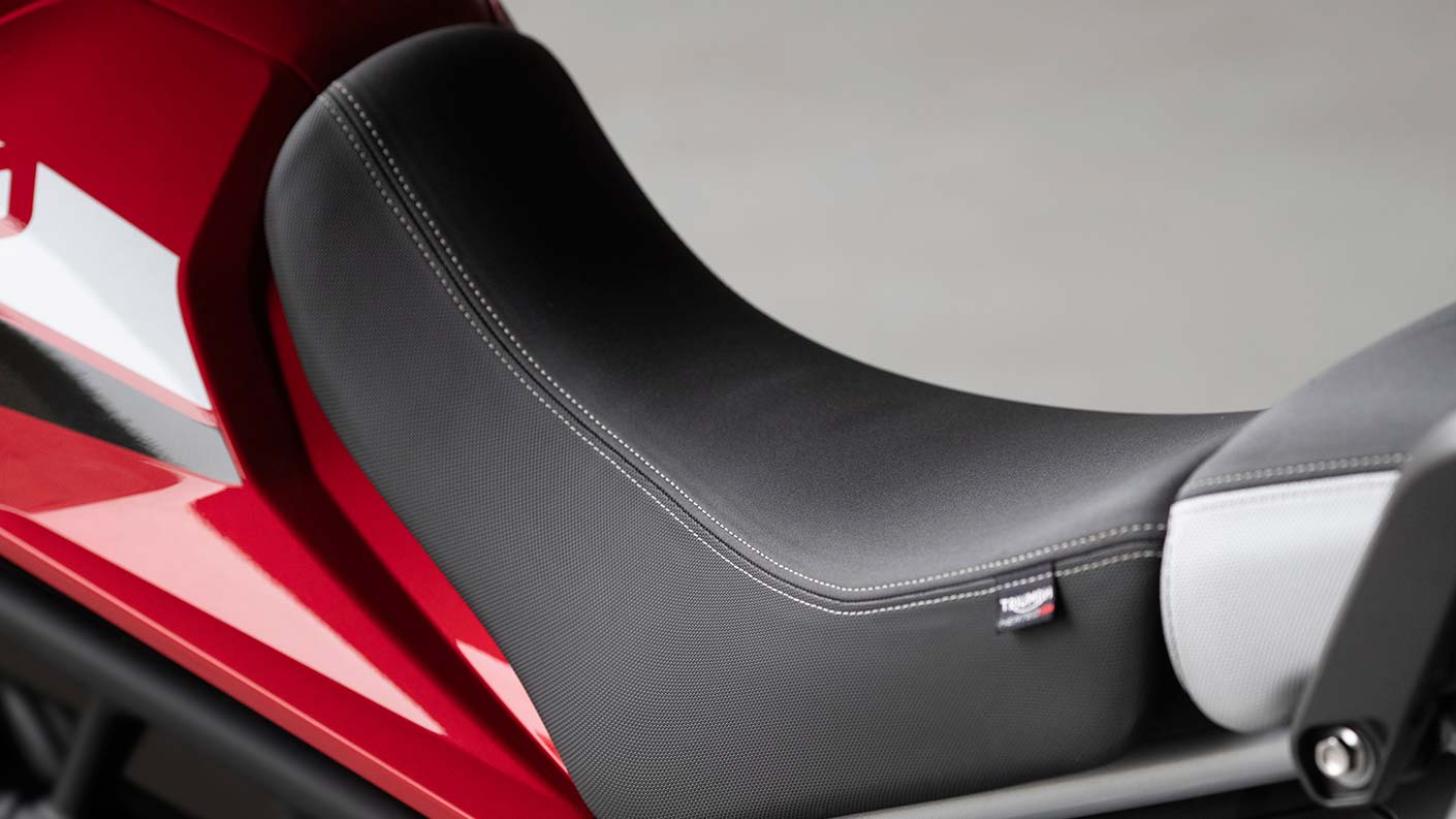 Close-up of Tiger 900 GT Pro heated rider seat