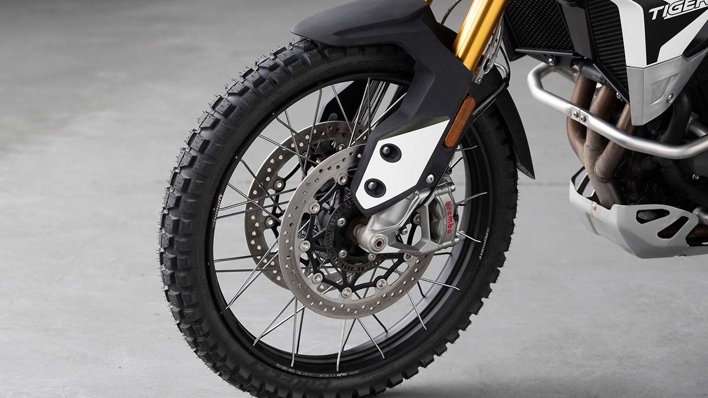 Close-up of the Tiger 900 Rally Pro's Spoked tubeless wheels