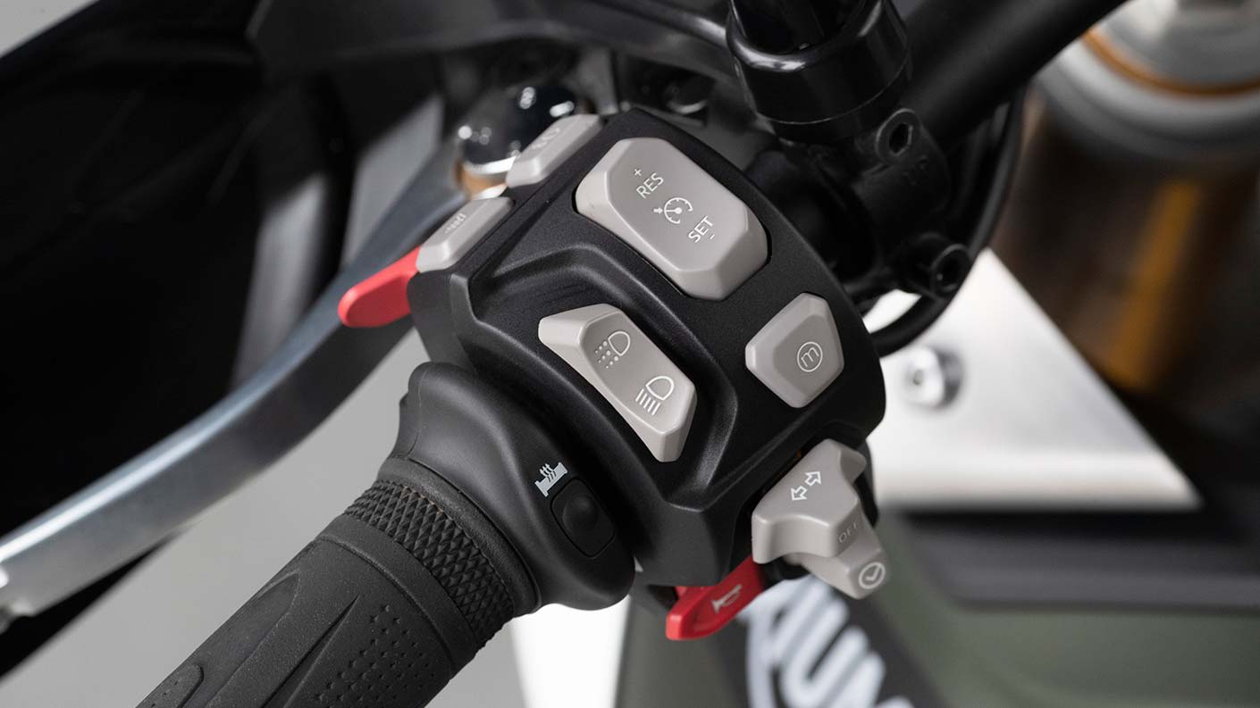 Close-up of switchcube on the Triumph Tiger 900 Rally Pro