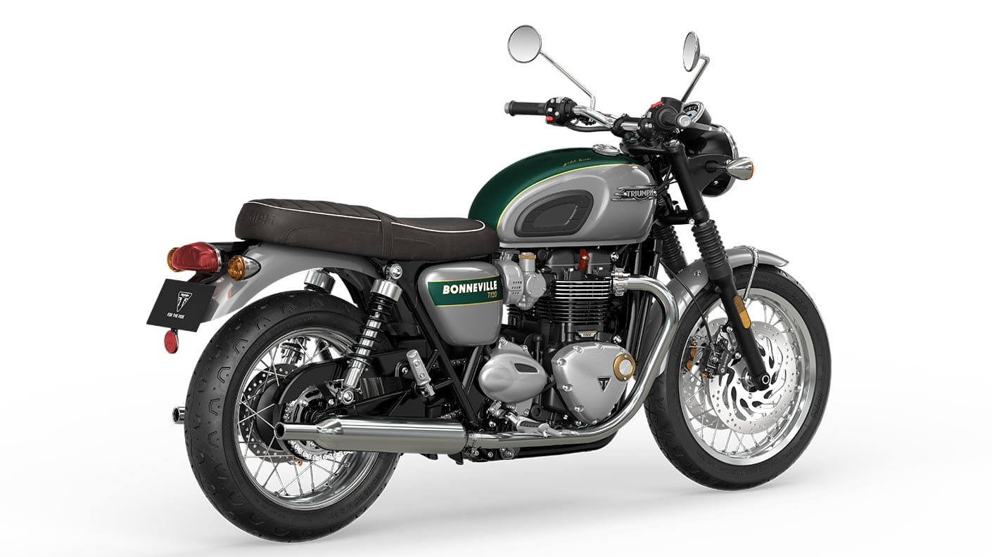 Bonneville T120 goldline in silver ice and competition green MY22