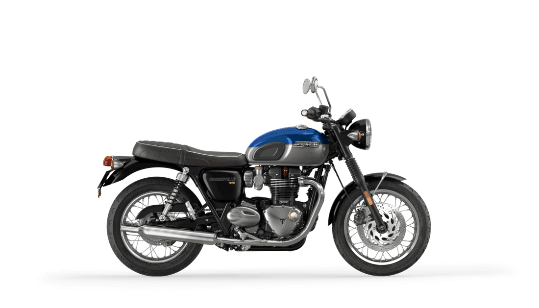 Triumph Bonneville T120 in Cobalt Blue and Silver Ice Right CGI