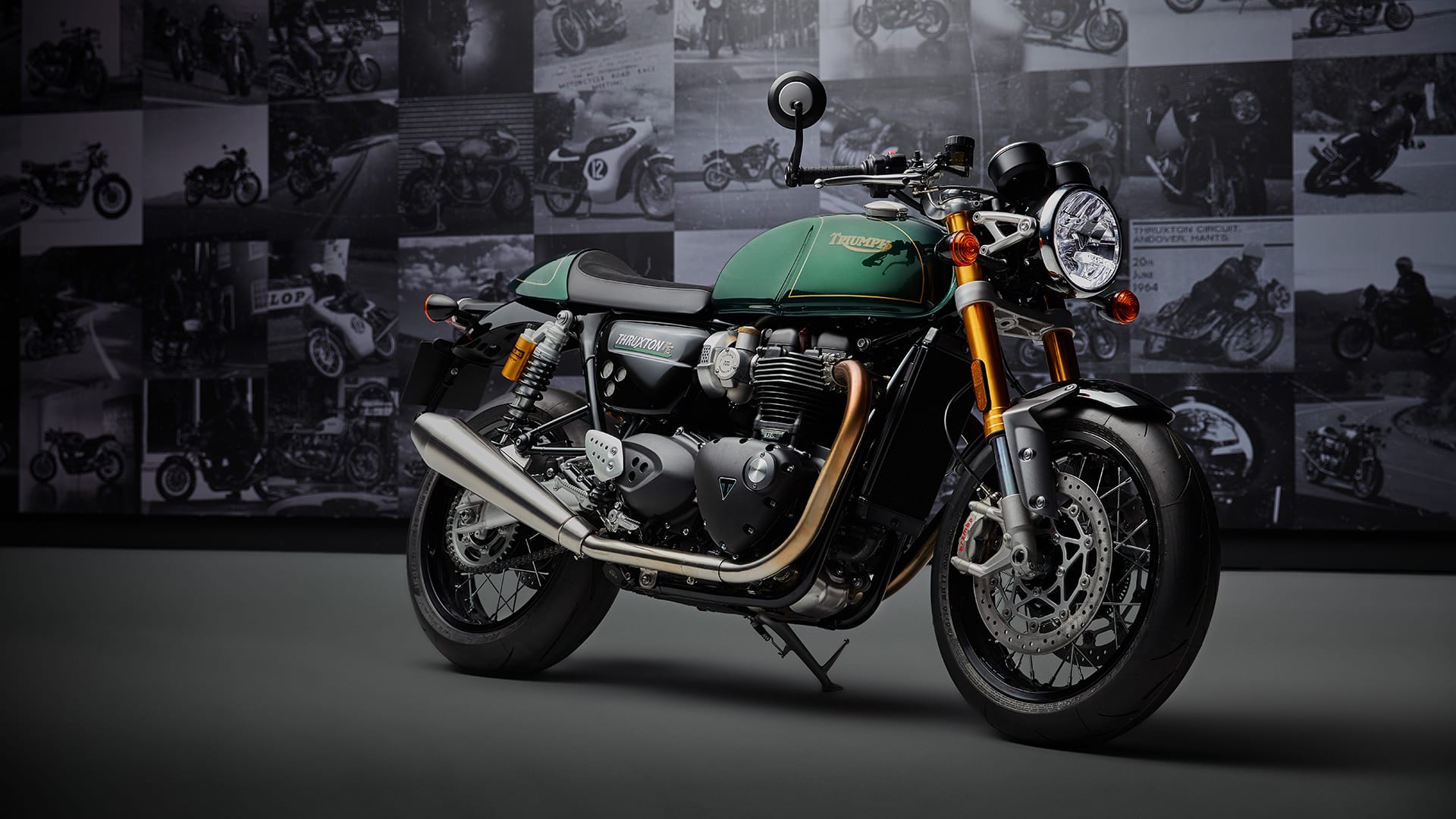 Triumph Thruxton Final Edition with Thruxton archive images in the background)