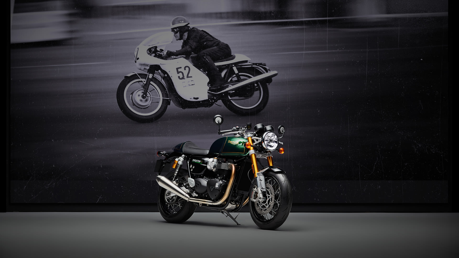 Triumph Thruxton Final Edition with Thruxton archive image in the background)